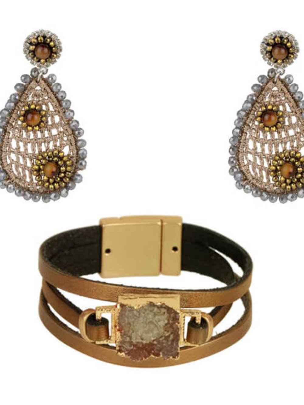 Brown Square Druzy Wrap Bracelet & Crochet Jasmine Drop Earring Set